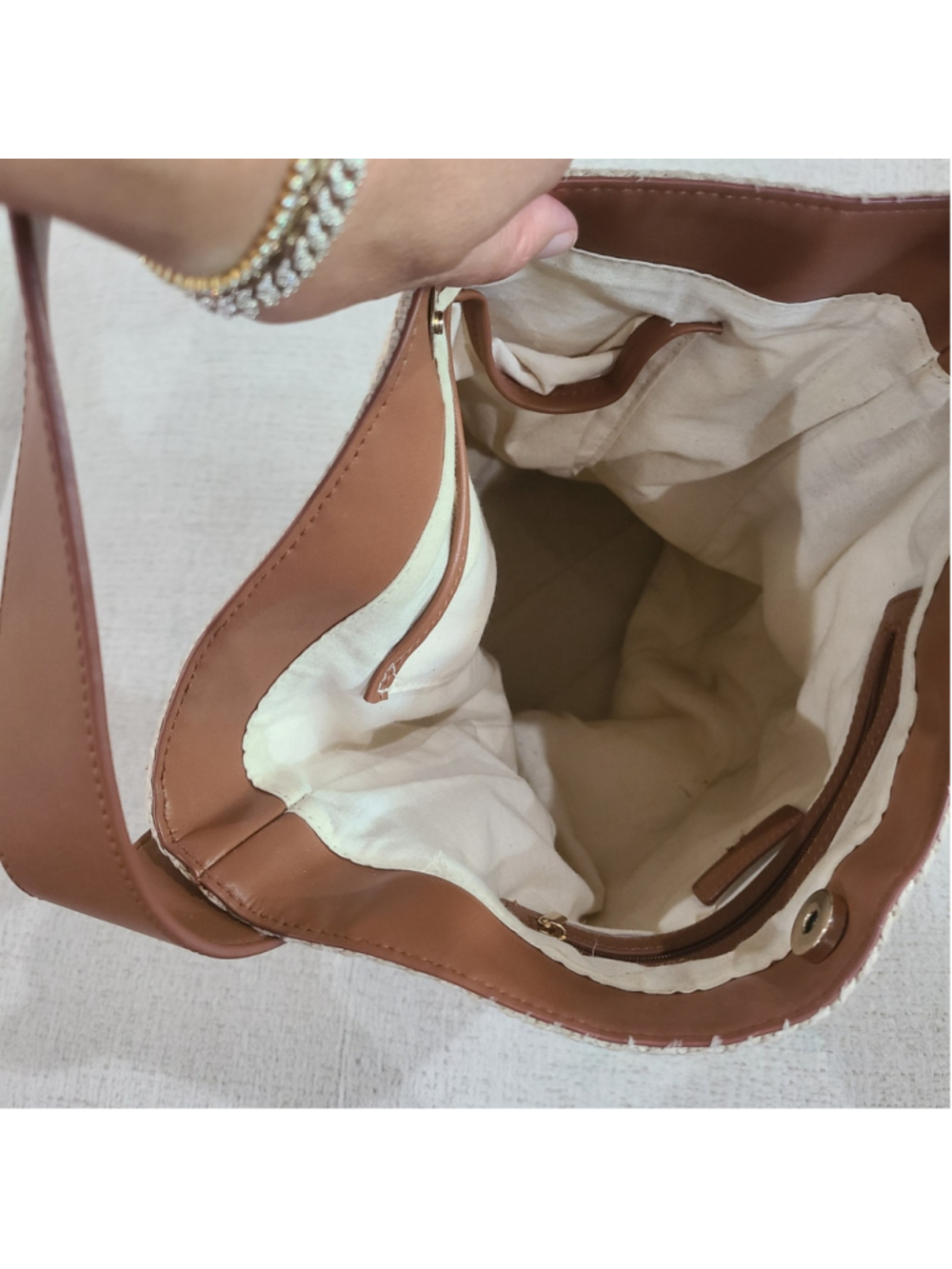 Tuckernuck Light Raffia Bucket Slouchy Shoulder Bag Tan Side Handle Purse Straw - Picture 9 of 16